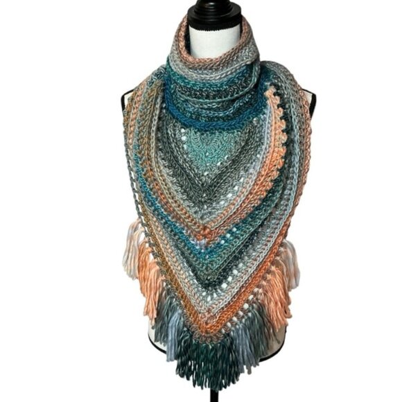 Handcrafted Crochet Cowl Neck Scarf With Fringe New Handmade by Seller Knit - Picture 4 of 16